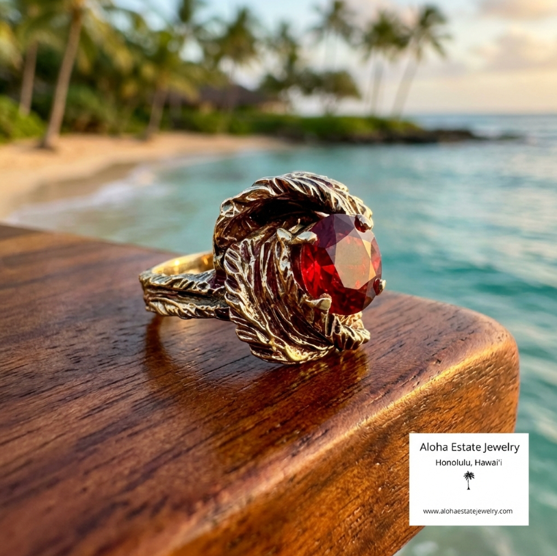 Vintage 10K Custom Leaf Motif Spessartite Garnet Ring