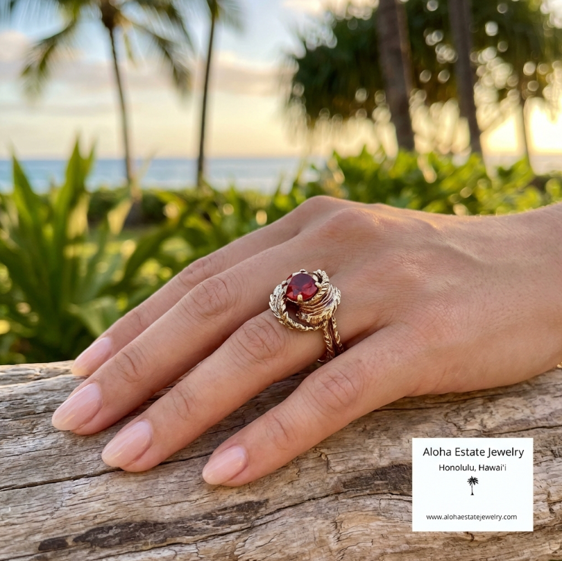 Vintage 10K Custom Leaf Motif Spessartite Garnet Ring