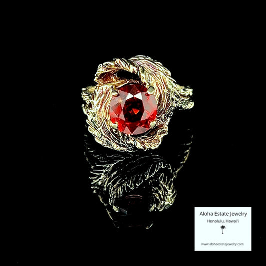Vintage 10K Custom Leaf Motif Spessartite Garnet Ring