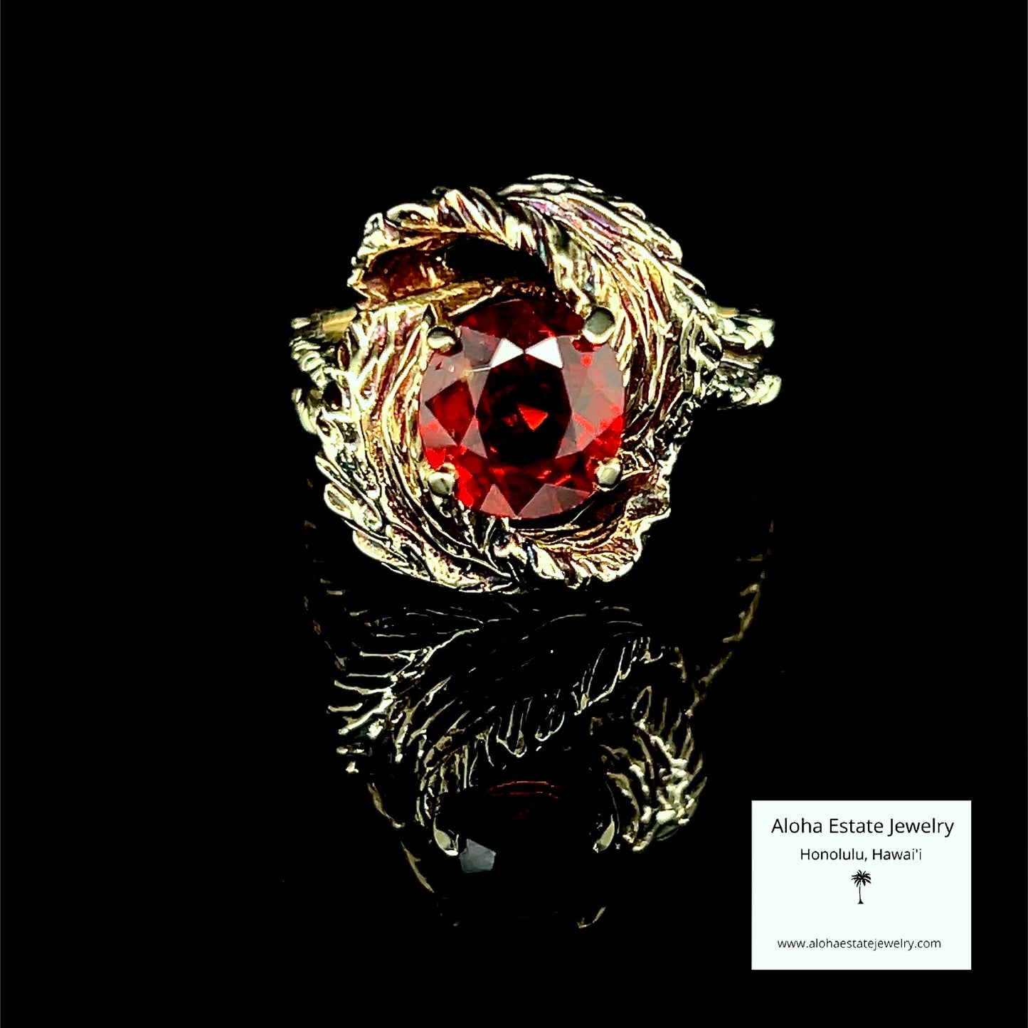 Vintage 10K Custom Leaf Motif Spessartite Garnet Ring