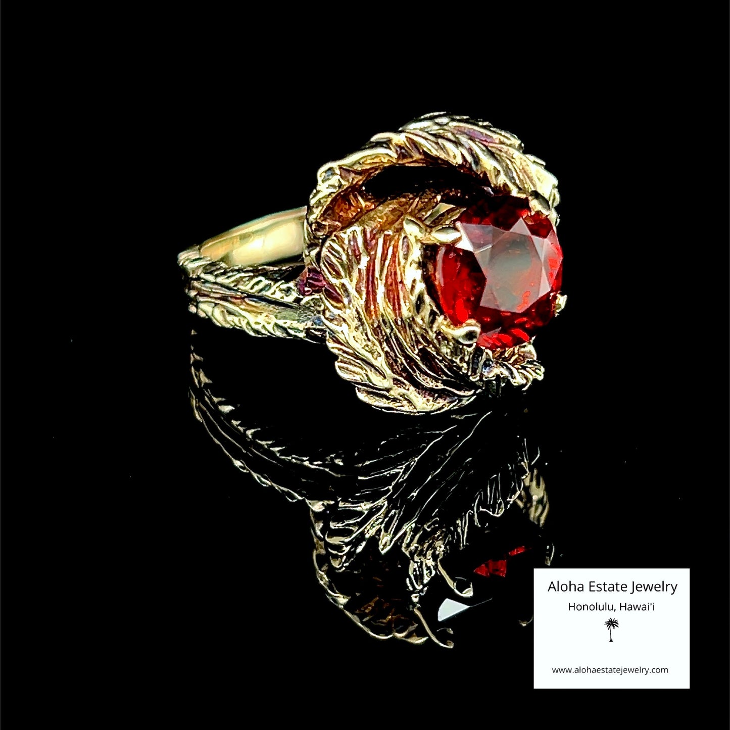 Vintage 10K Custom Leaf Motif Spessartite Garnet Ring
