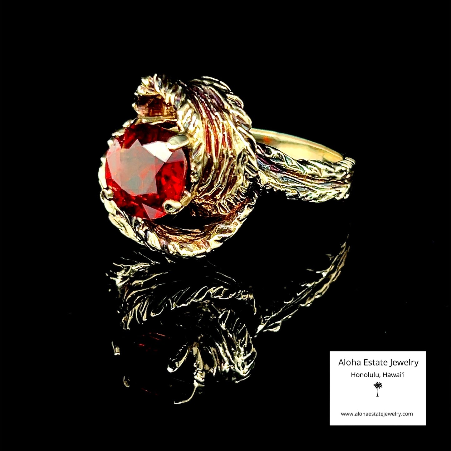 Vintage 10K Custom Leaf Motif Spessartite Garnet Ring