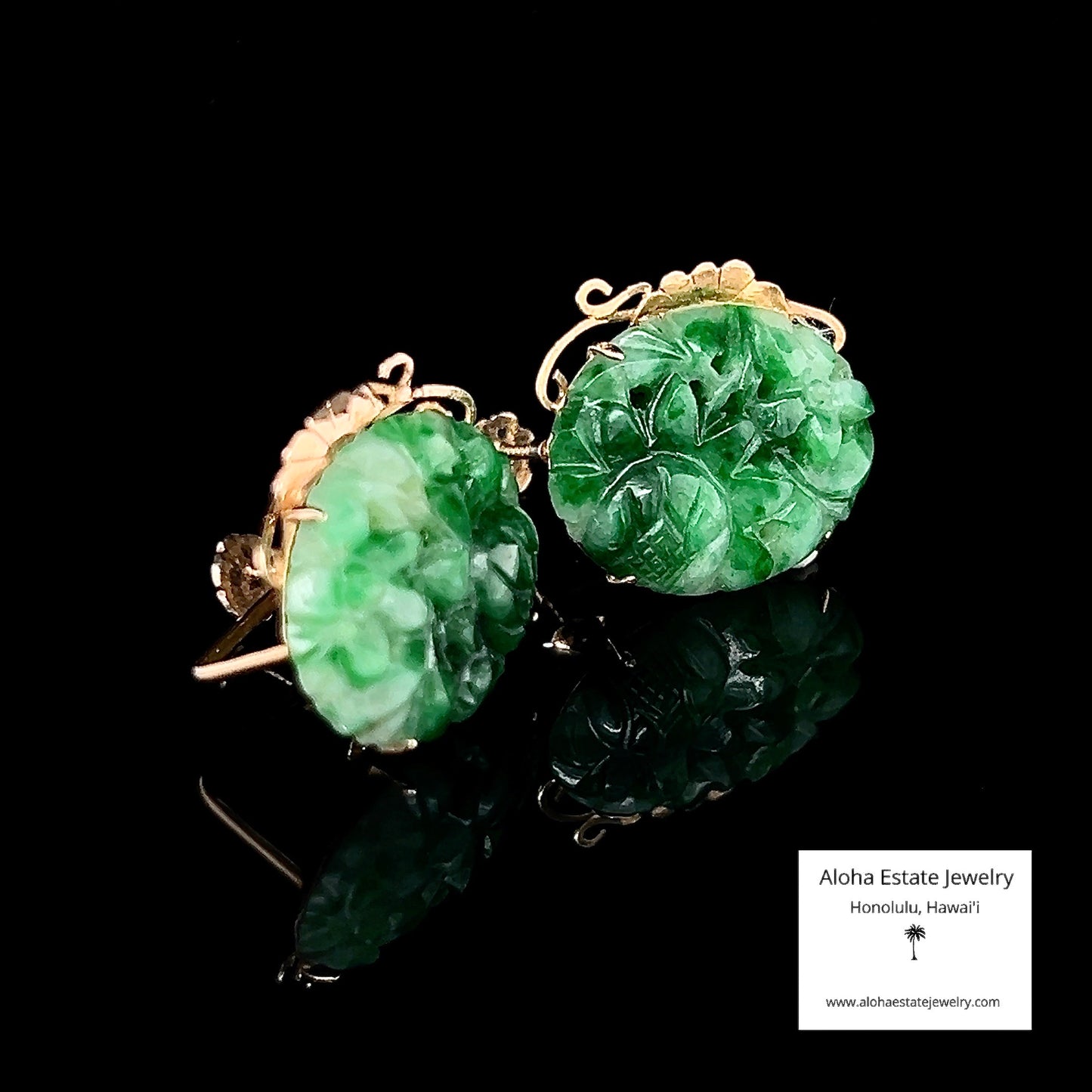Vintage Chen Brothers Hand Carved Jadeite Earrings in 14K