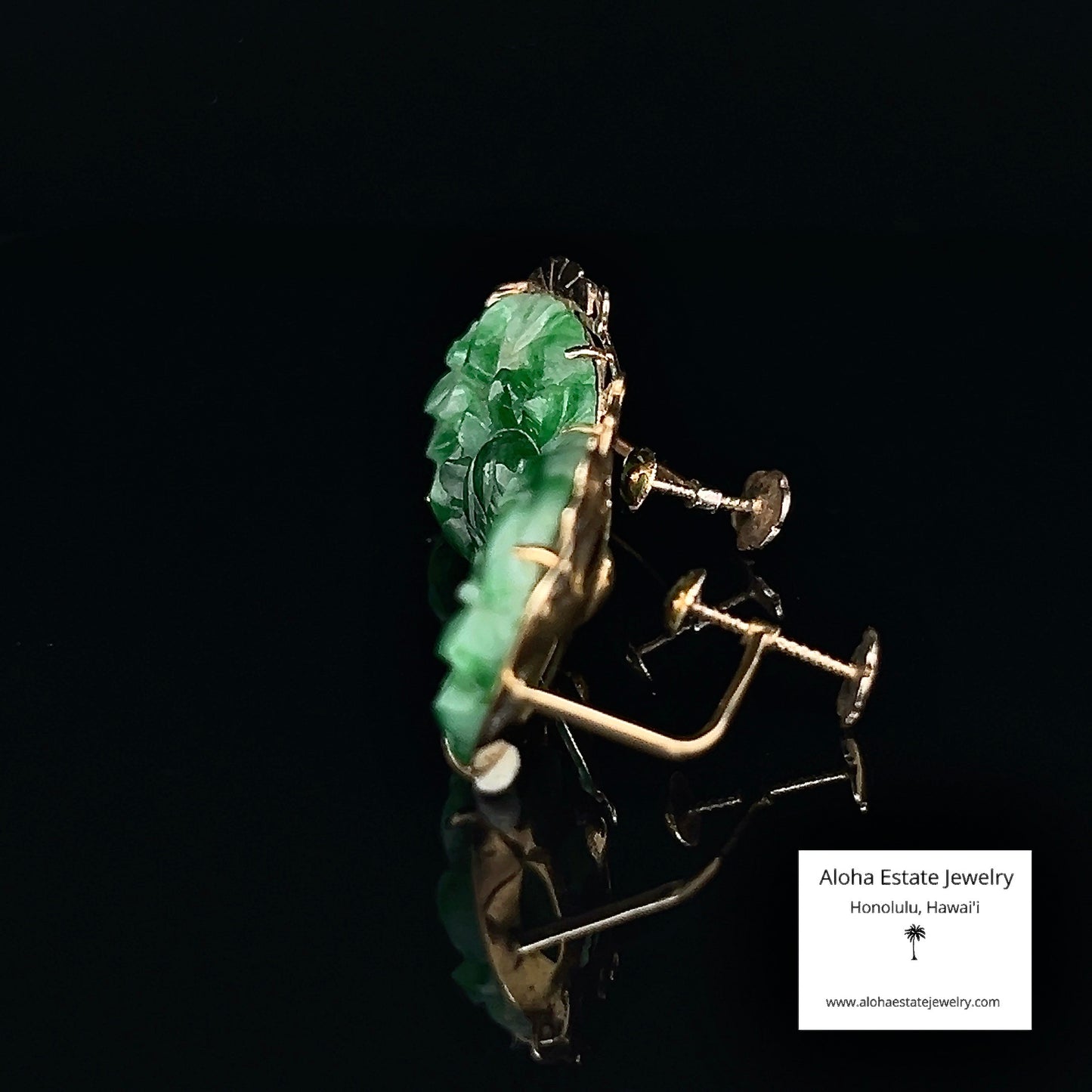 Vintage Chen Brothers Hand Carved Jadeite Earrings in 14K