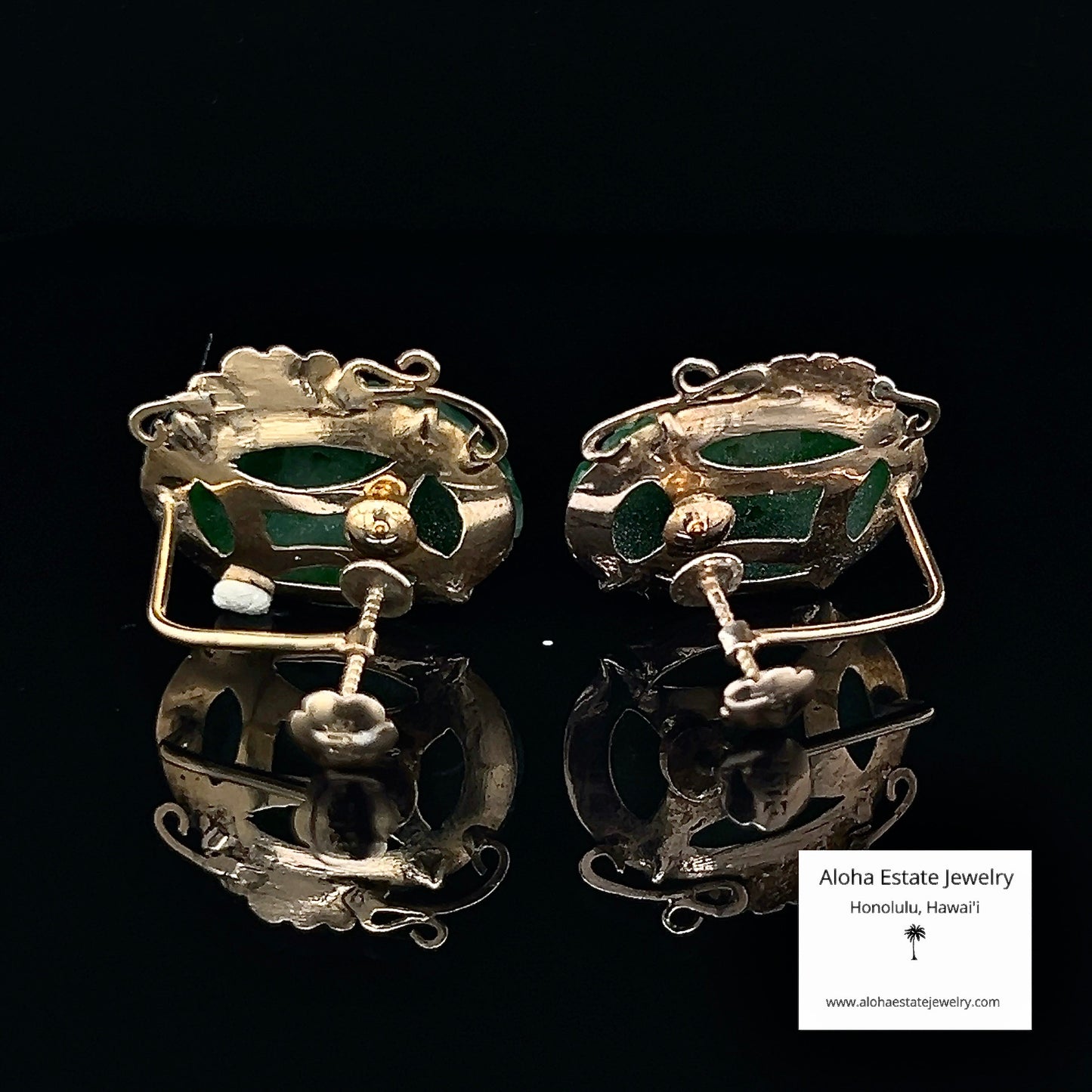 Vintage Chen Brothers Hand Carved Jadeite Earrings in 14K