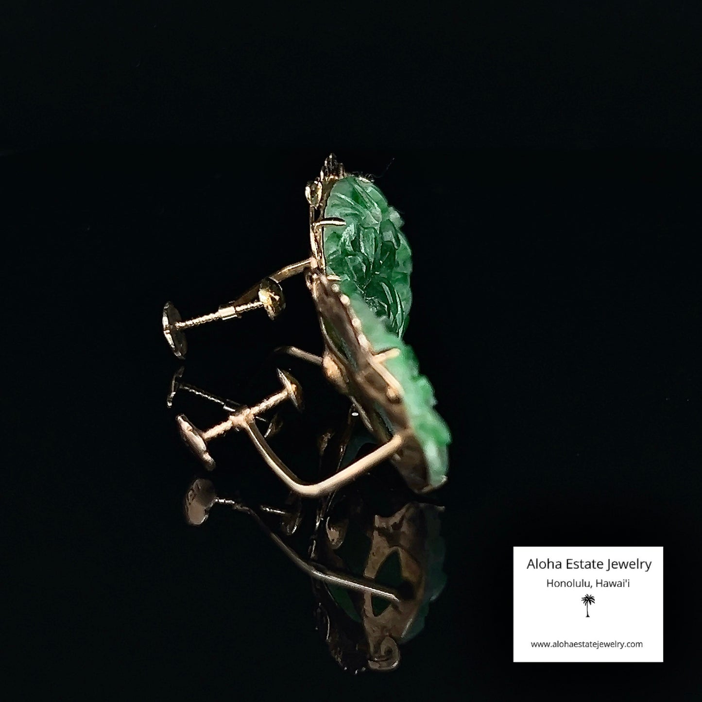 Vintage Chen Brothers Hand Carved Jadeite Earrings in 14K