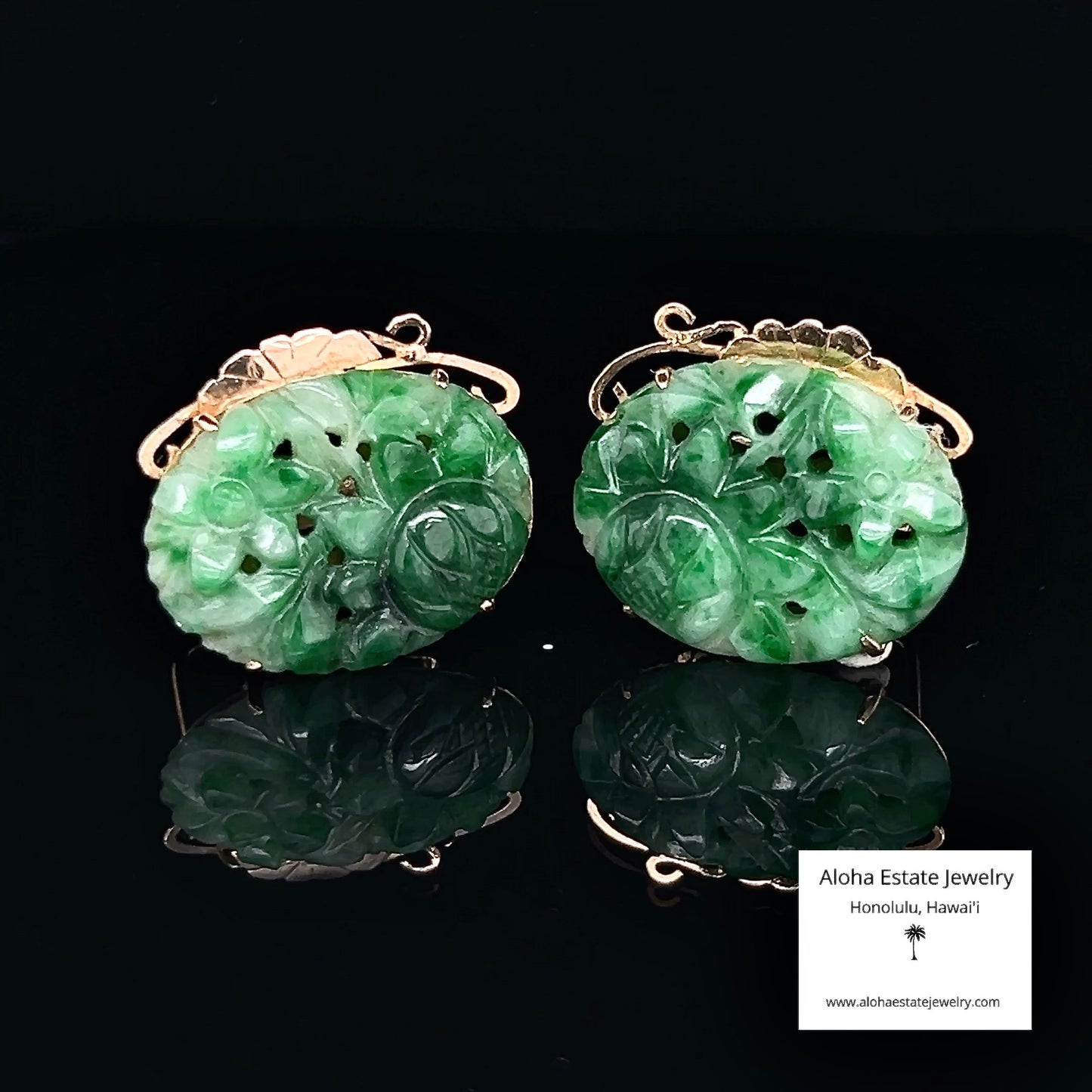 Vintage Chen Brothers Hand Carved Jadeite Earrings in 14K
