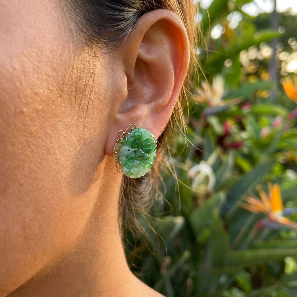 Vintage Chen Brothers Hand Carved Jadeite Earrings in 14K