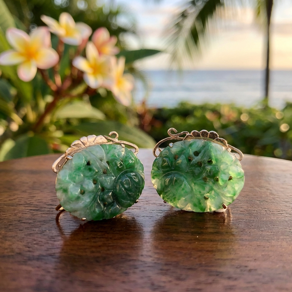 Vintage Chen Brothers Hand Carved Jadeite Earrings in 14K