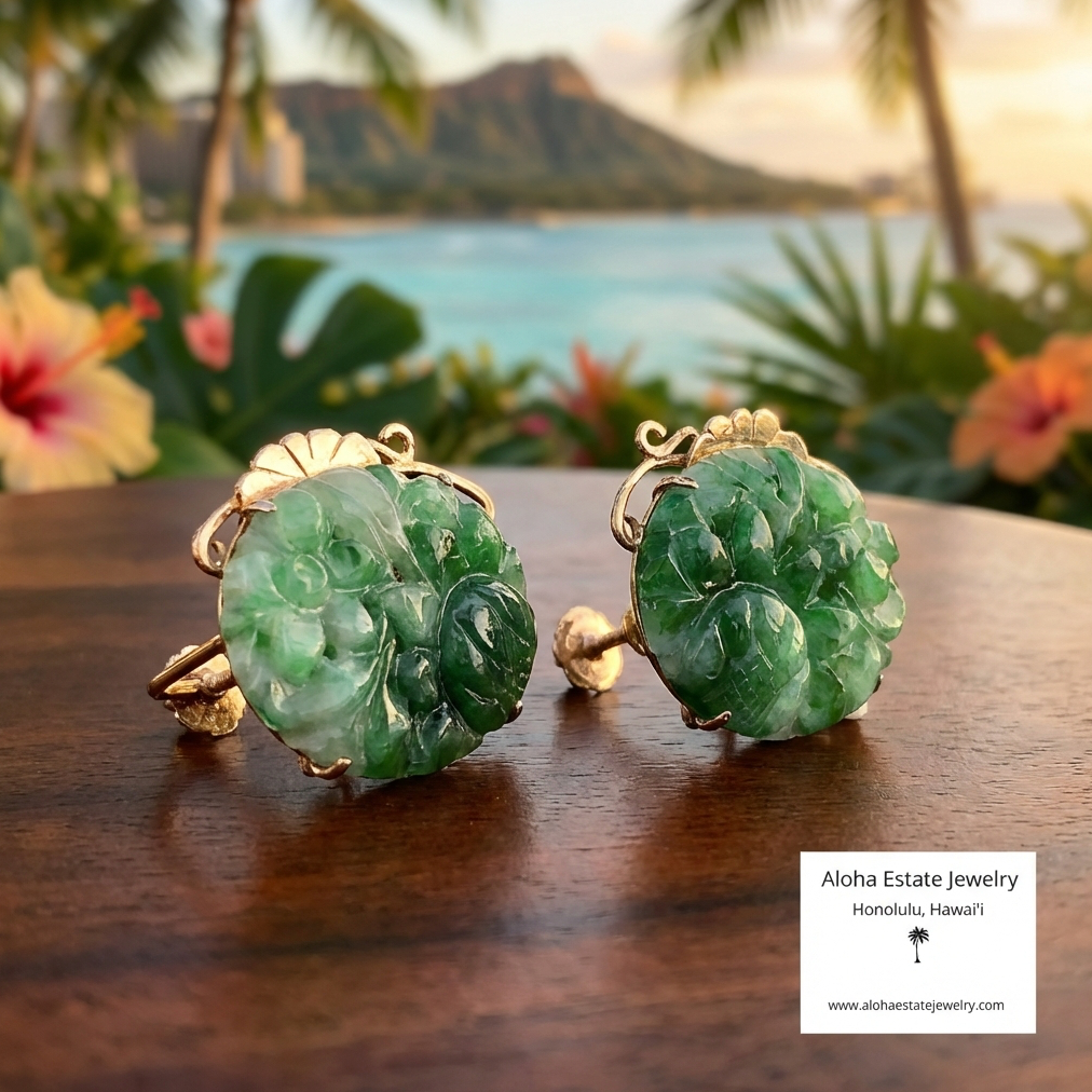 Vintage Chen Brothers Hand Carved Jadeite Earrings in 14K