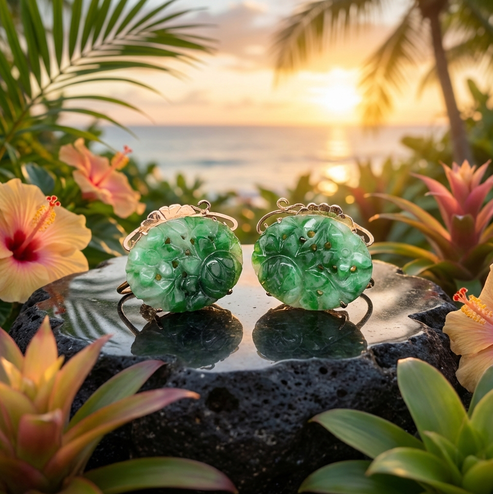 Vintage Chen Brothers Hand Carved Jadeite Earrings in 14K