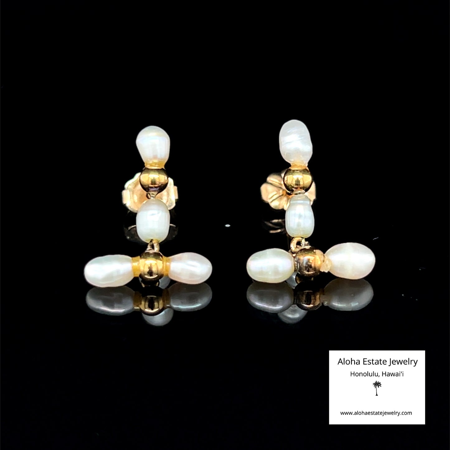 Vintage 18K Japanese Saltwater Keshi Pearls Drop Earrings