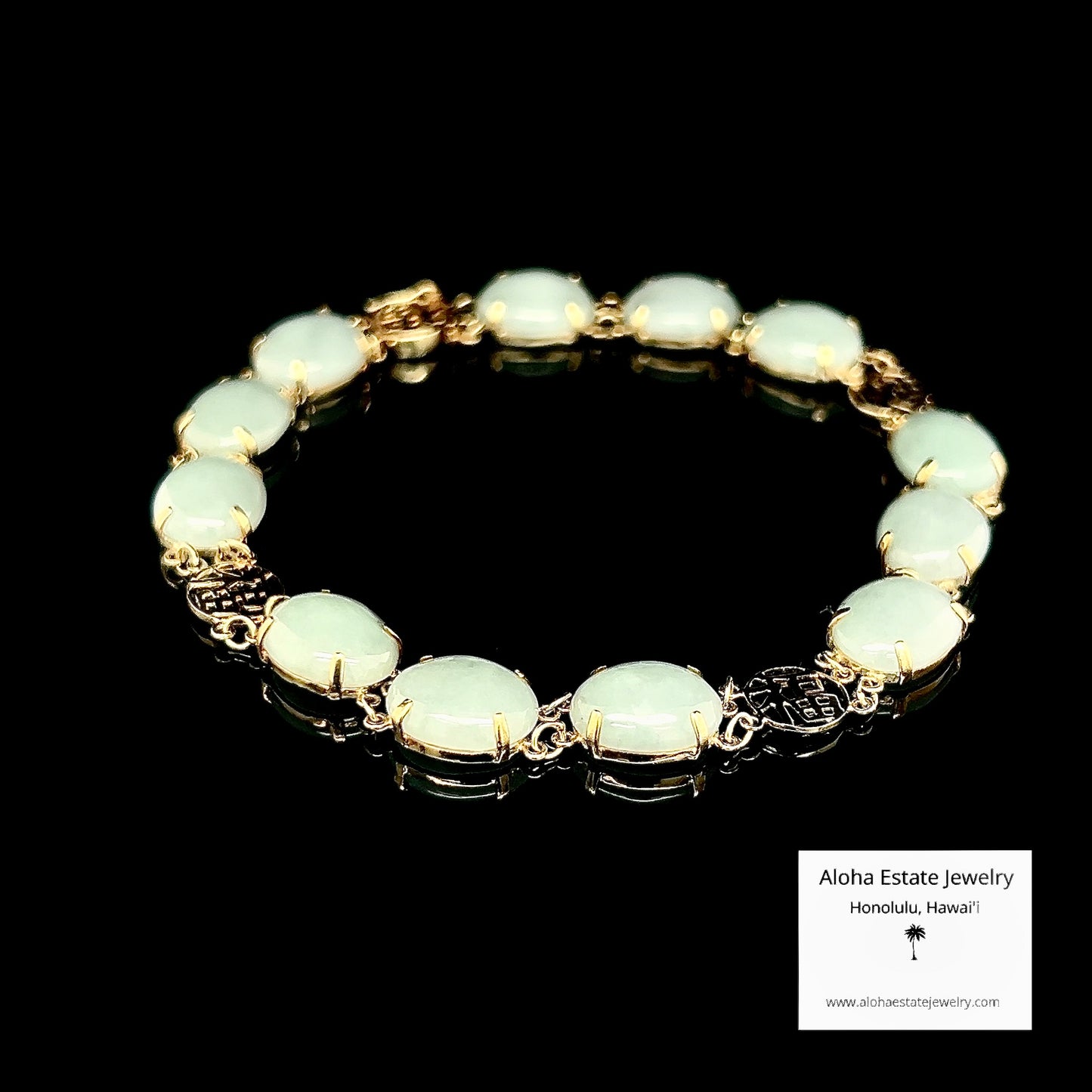 Estate 14k Oval Light Green Jadeite Cabochon Bracelet