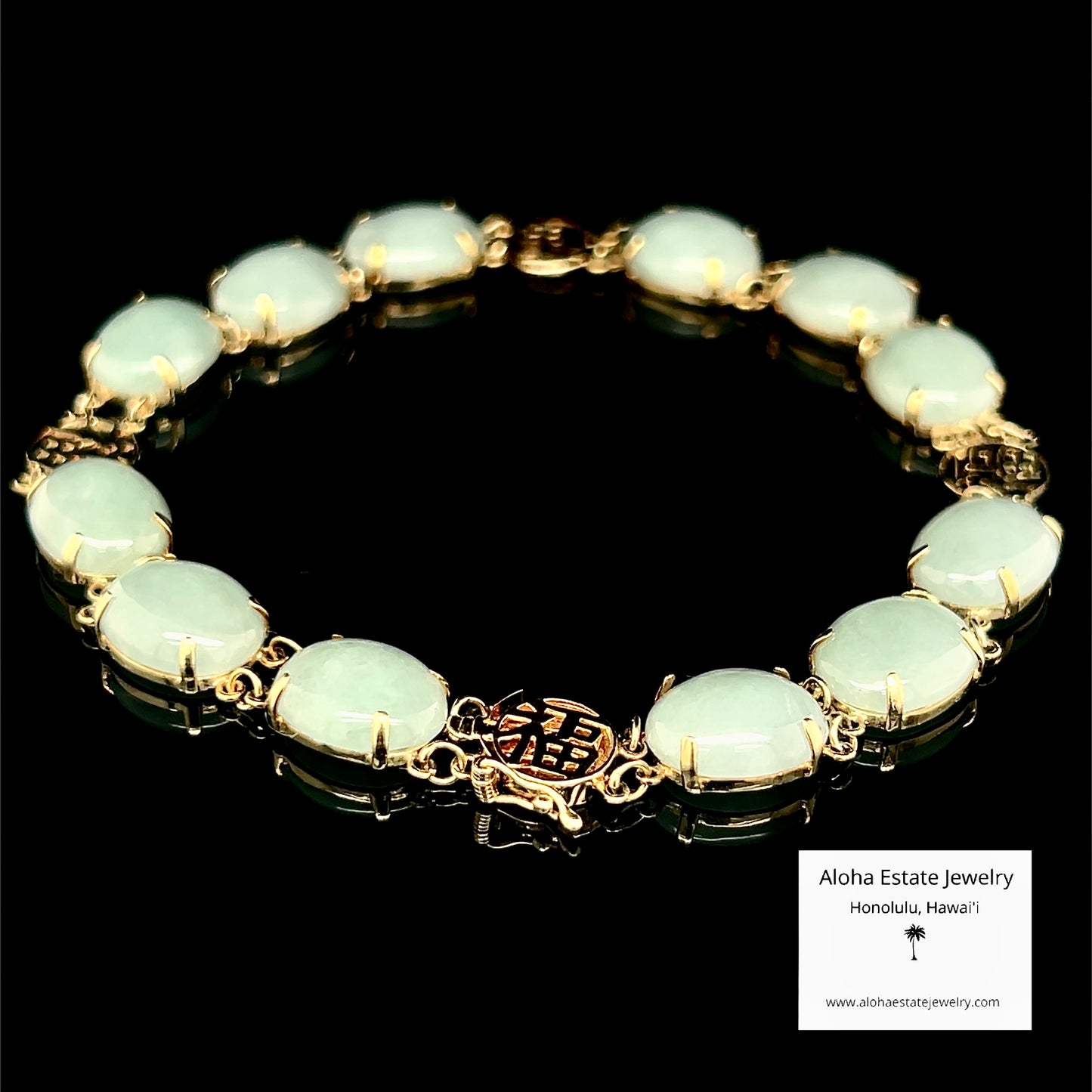 Estate 14k Oval Light Green Jadeite Cabochon Bracelet