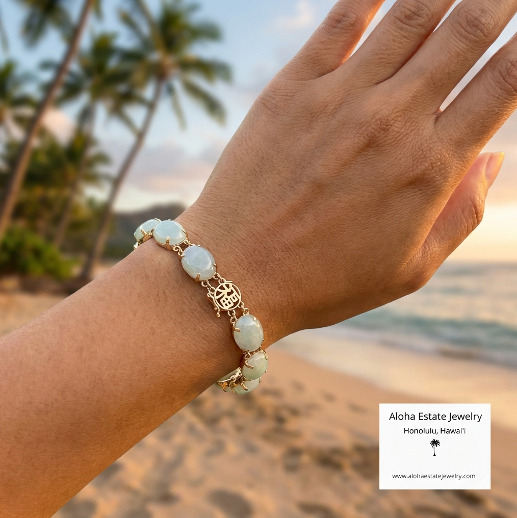 Estate 14k Oval Light Green Jadeite Cabochon Bracelet