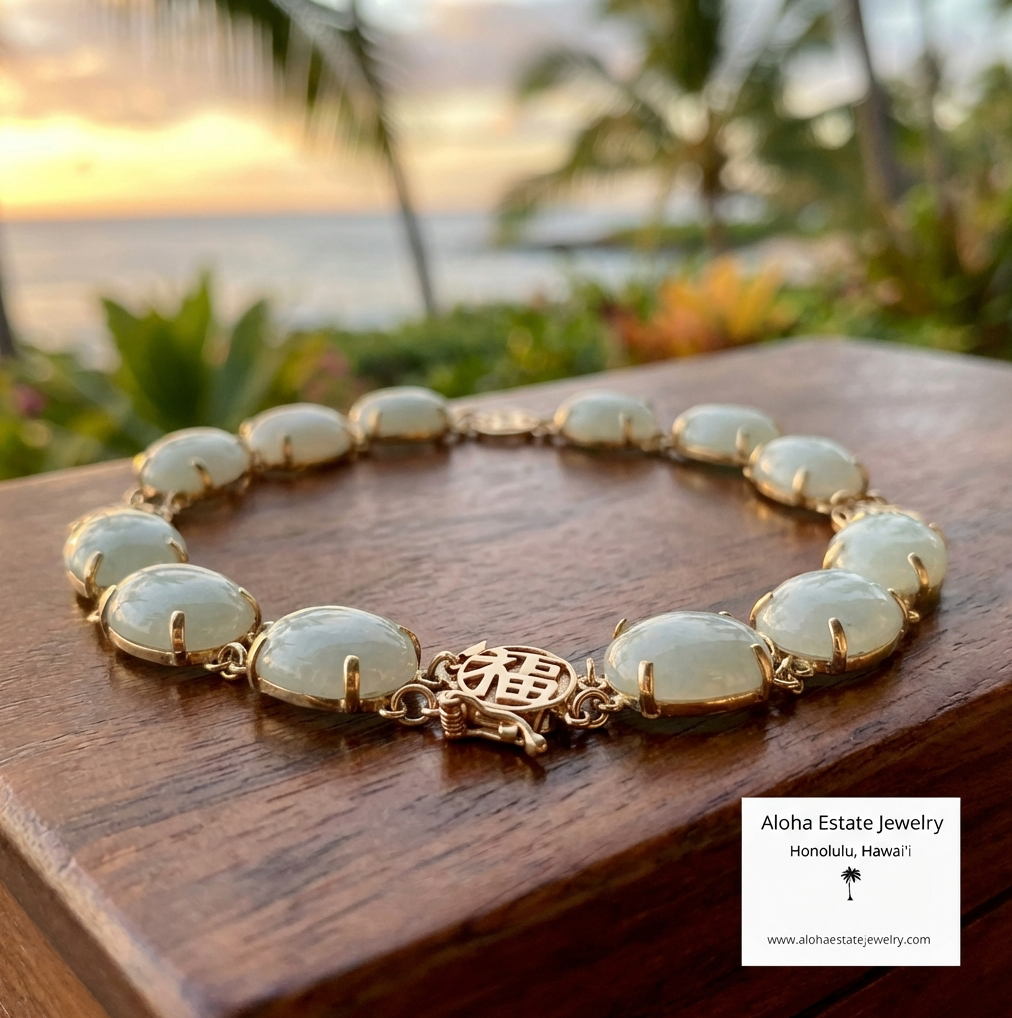 Estate 14k Oval Light Green Jadeite Cabochon Bracelet