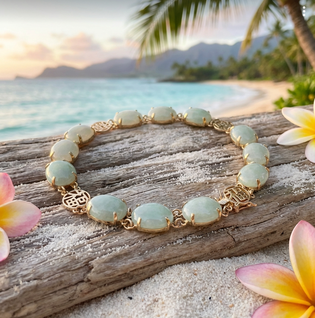 Estate 14k Oval Light Green Jadeite Cabochon Bracelet