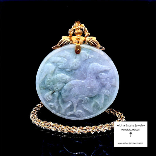 Lavender-Green Jadeite Crane Medallion Pendant & 14k Chain