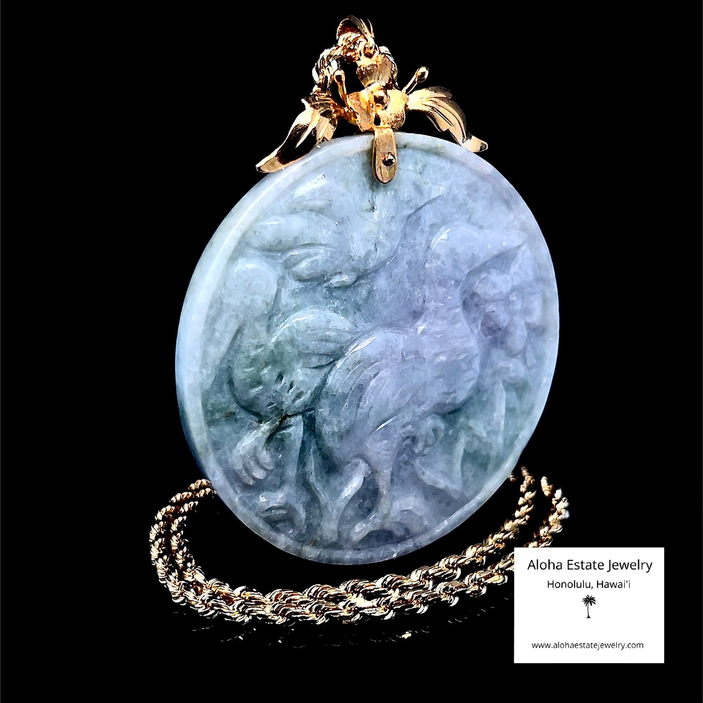 Lavender-Green Jadeite Crane Medallion Pendant & 14k Chain