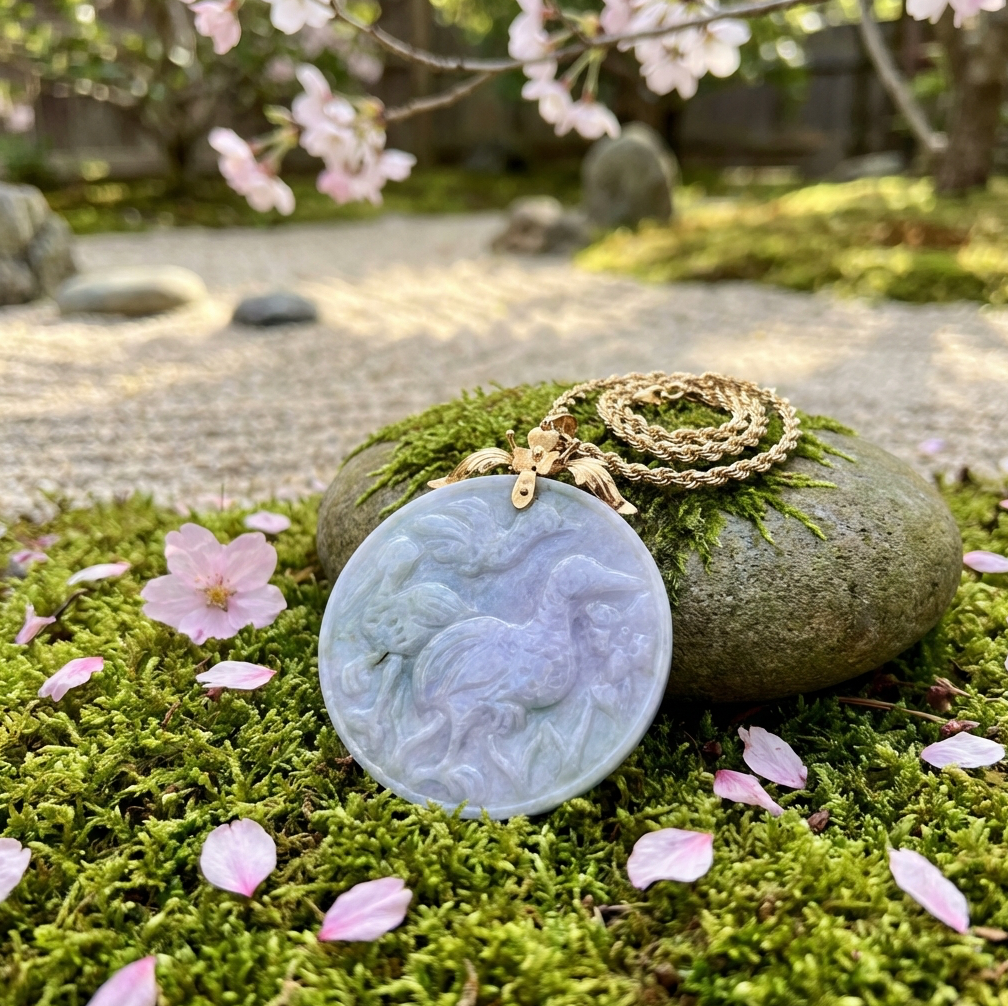 Lavender-Green Jadeite Crane Medallion Pendant & 14k Chain