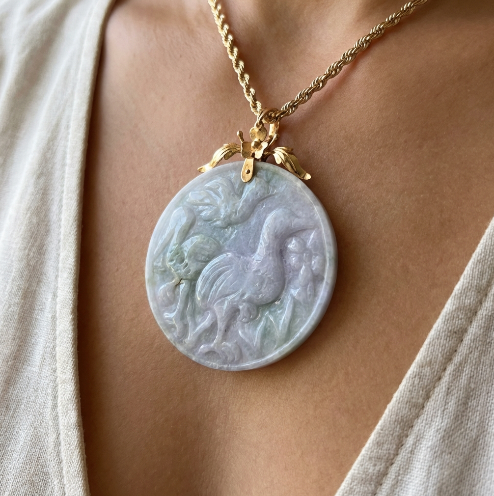 Lavender-Green Jadeite Crane Medallion Pendant & 14k Chain
