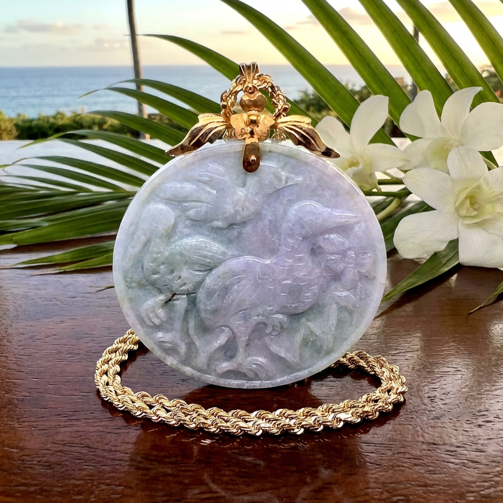 Lavender-Green Jadeite Crane Medallion Pendant & 14k Chain