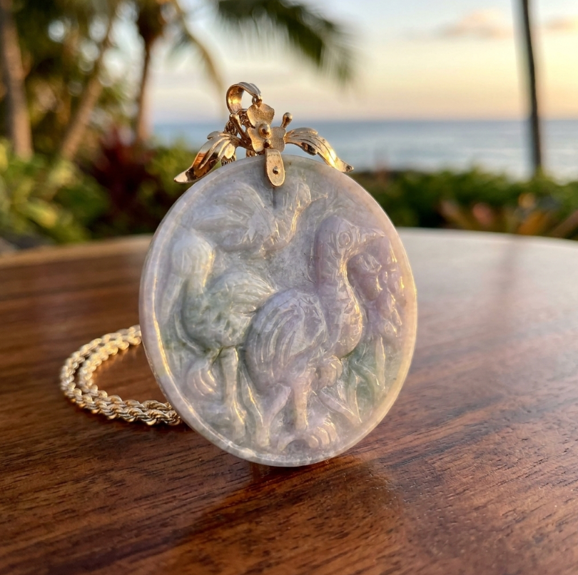 Lavender-Green Jadeite Crane Medallion Pendant & 14k Chain