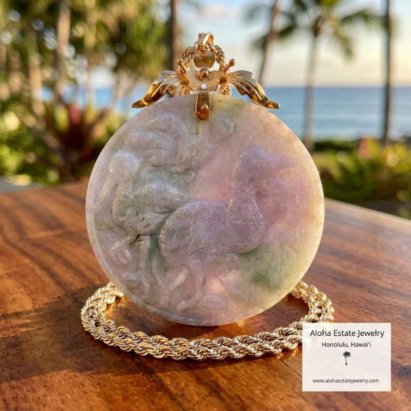 Lavender-Green Jadeite Crane Medallion Pendant & 14k Chain