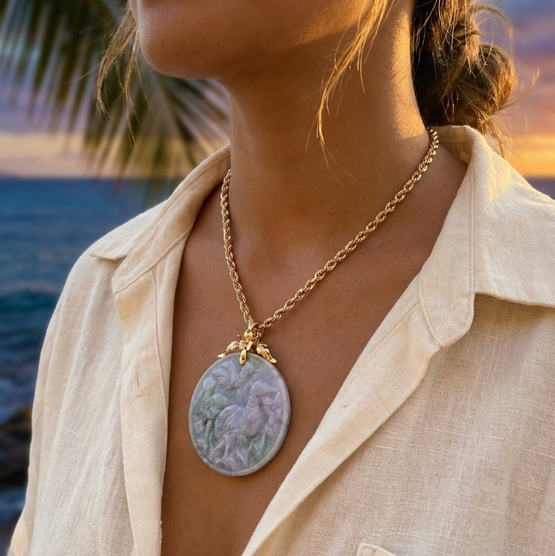 Lavender-Green Jadeite Crane Medallion Pendant & 14k Chain