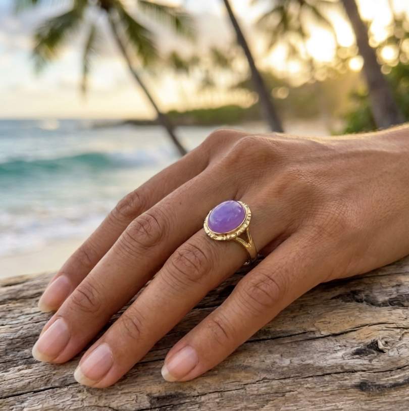 Vintage 14K 4.25 Carats Lavender Jadeite Cabochon Ring