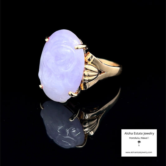 Vintage 14K Highly Carved Lavender Jadeite Cabochon Ring