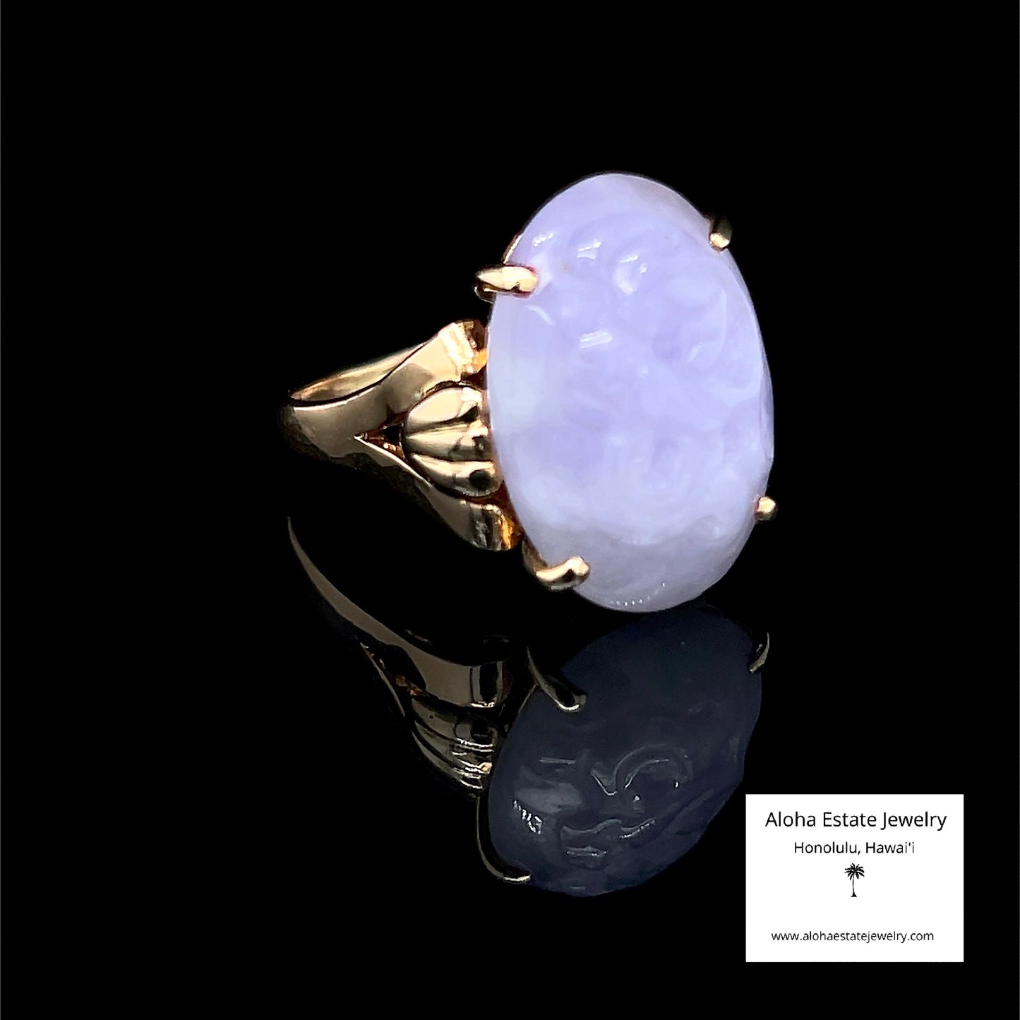 Vintage 14K Highly Carved Lavender Jadeite Cabochon Ring