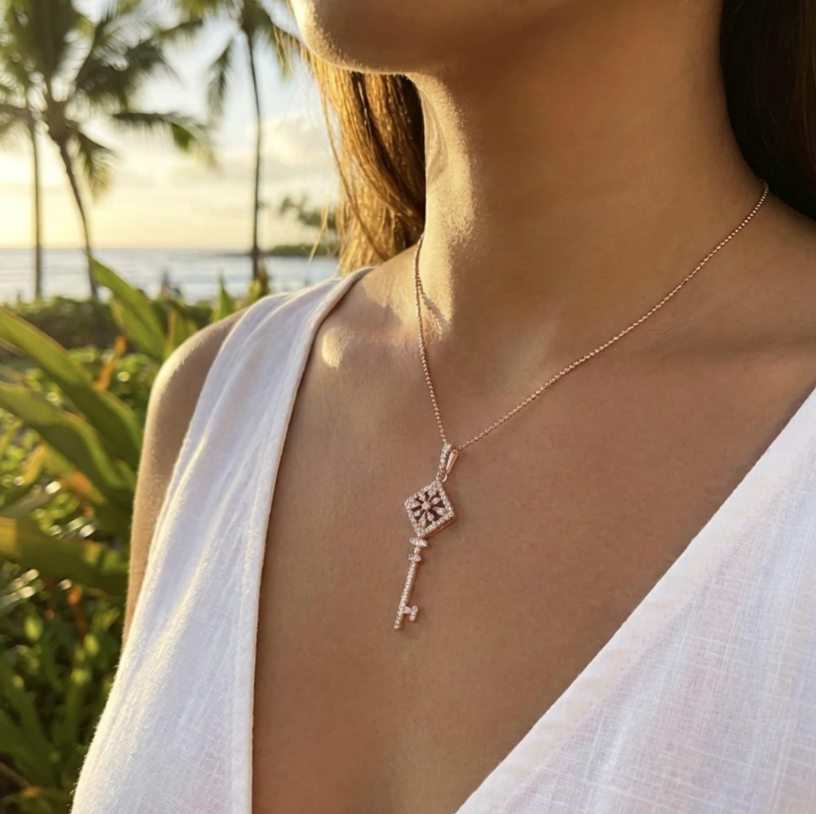 Estate 14K Rose Gold and Diamond Key Pendant