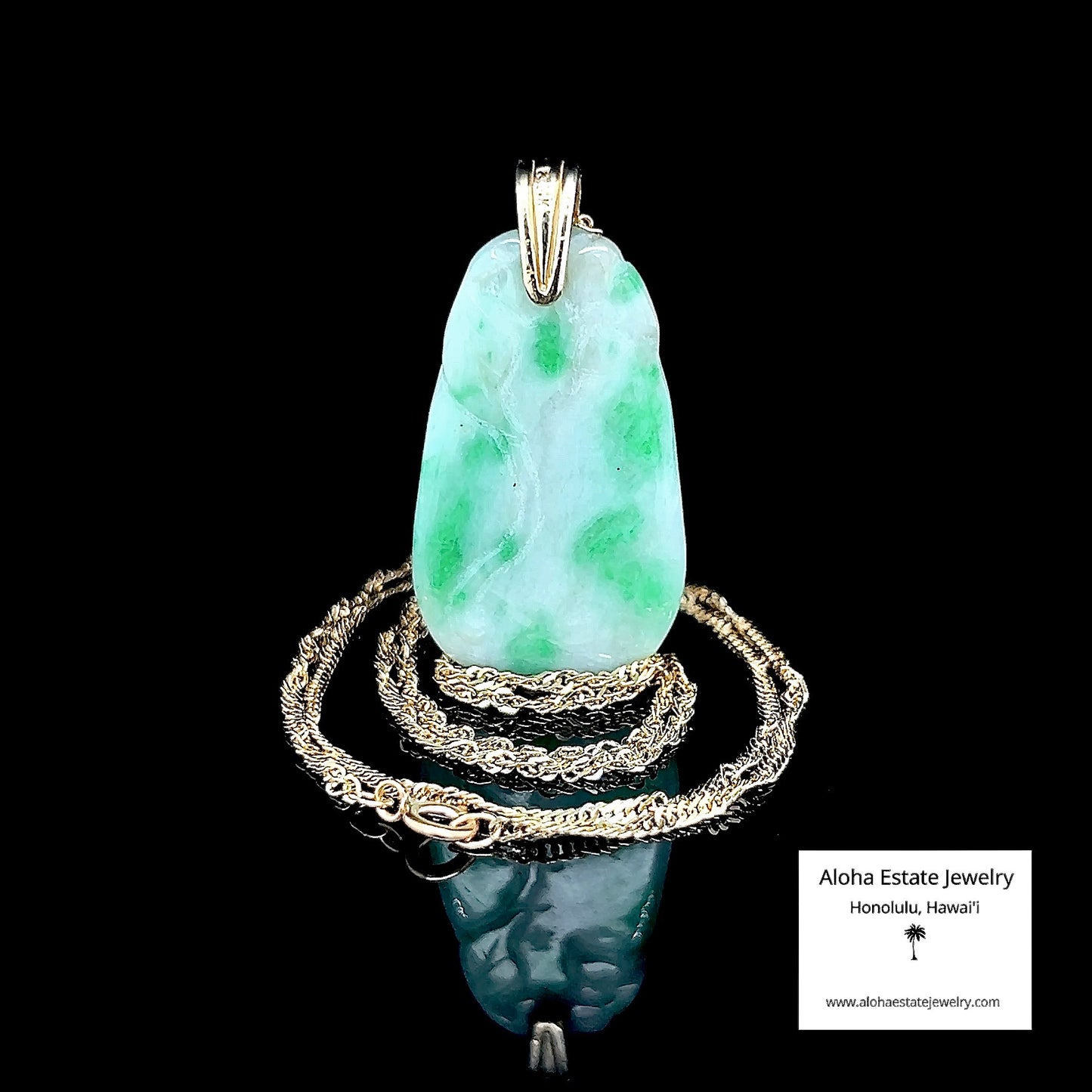 Vintage Carved Jadeite Moss-In-Snow Pendant with 14K Chain