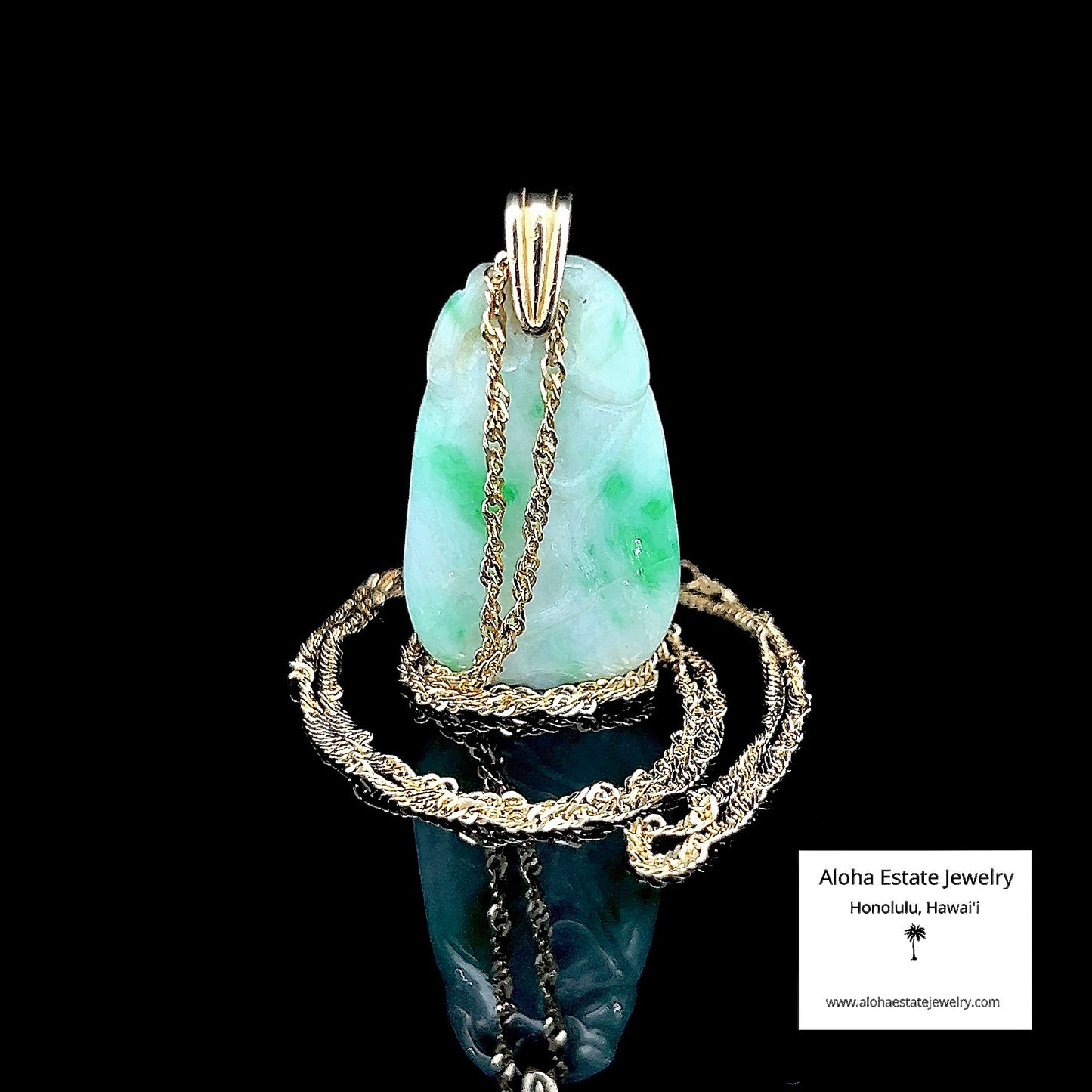 Vintage Carved Jadeite Moss-In-Snow Pendant with 14K Chain