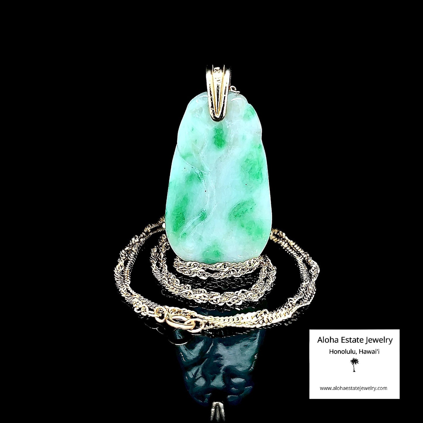 Vintage Carved Jadeite Moss-In-Snow Pendant with 14K Chain