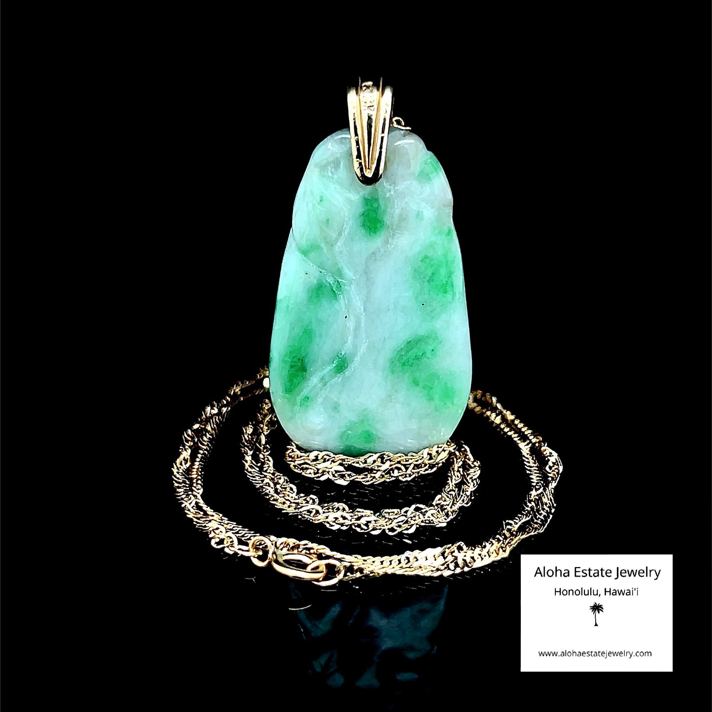 Vintage Carved Jadeite Moss-In-Snow Pendant with 14K Chain