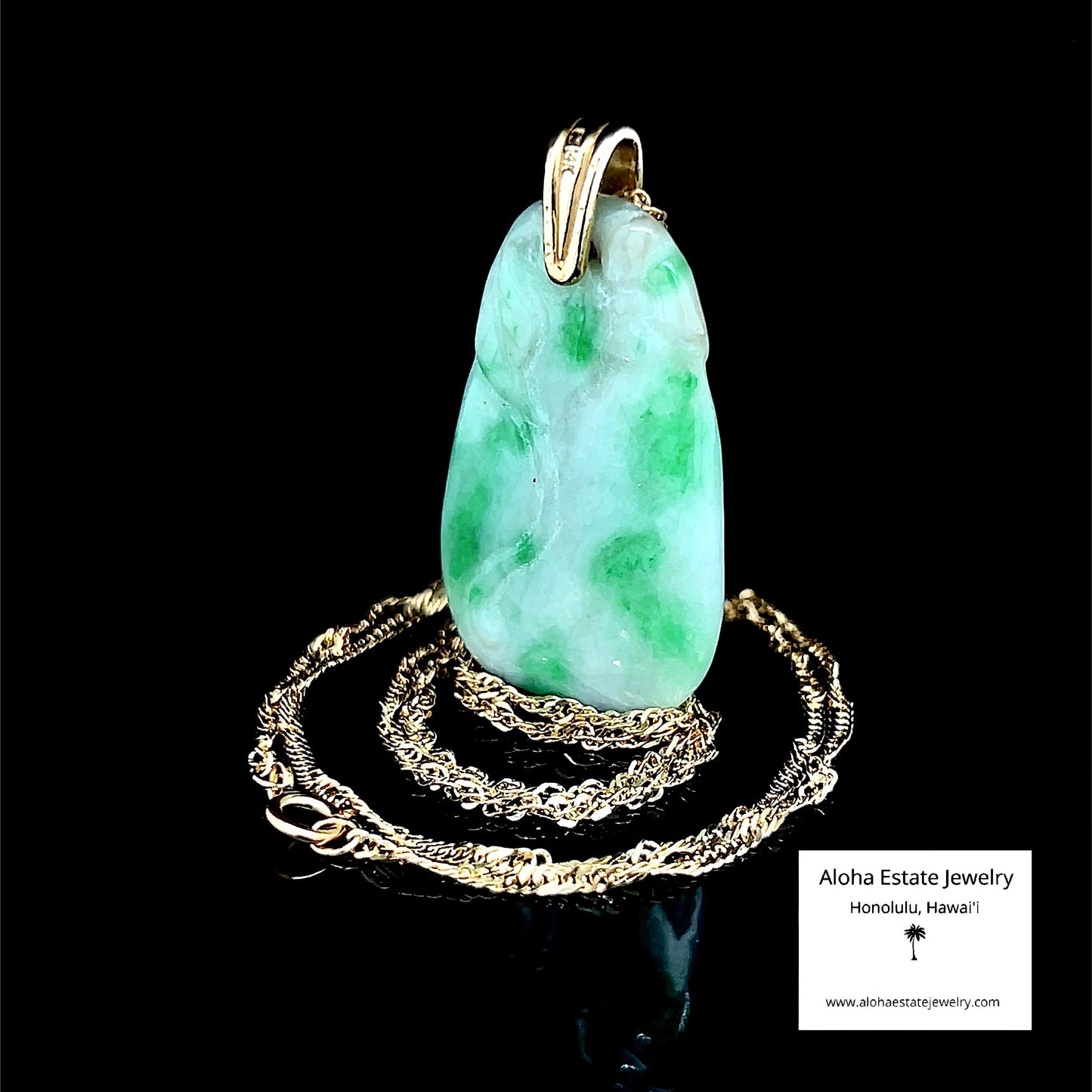 Vintage Carved Jadeite Moss-In-Snow Pendant with 14K Chain