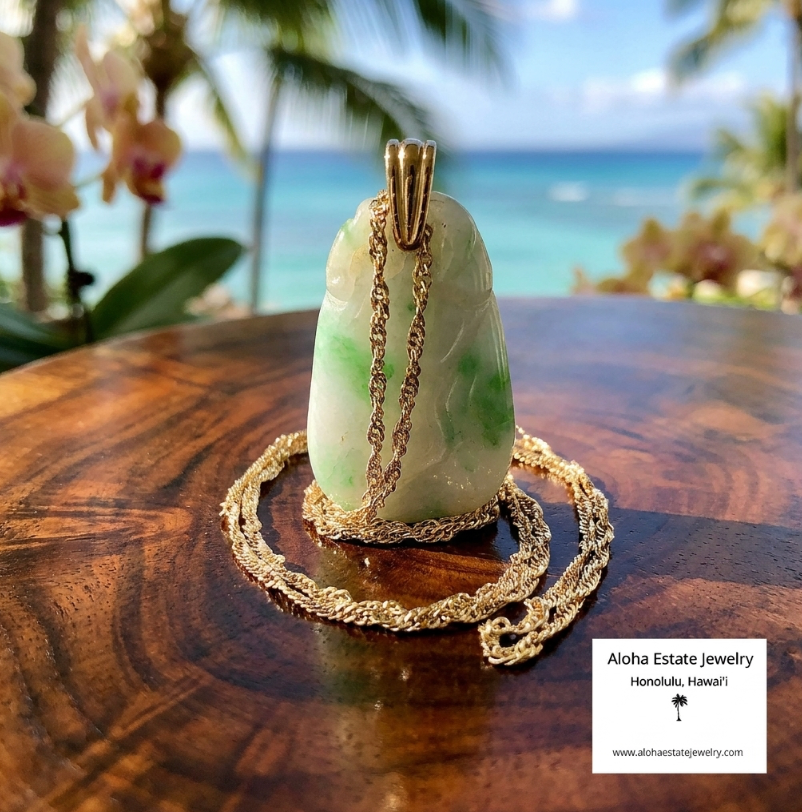 Vintage Carved Jadeite Moss-In-Snow Pendant with 14K Chain