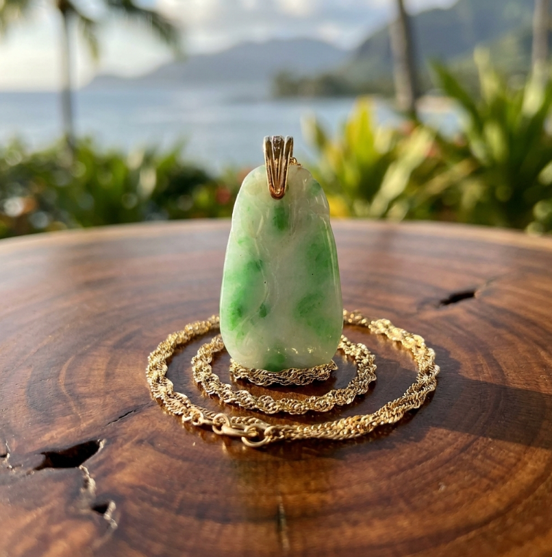 Vintage Carved Jadeite Moss-In-Snow Pendant with 14K Chain