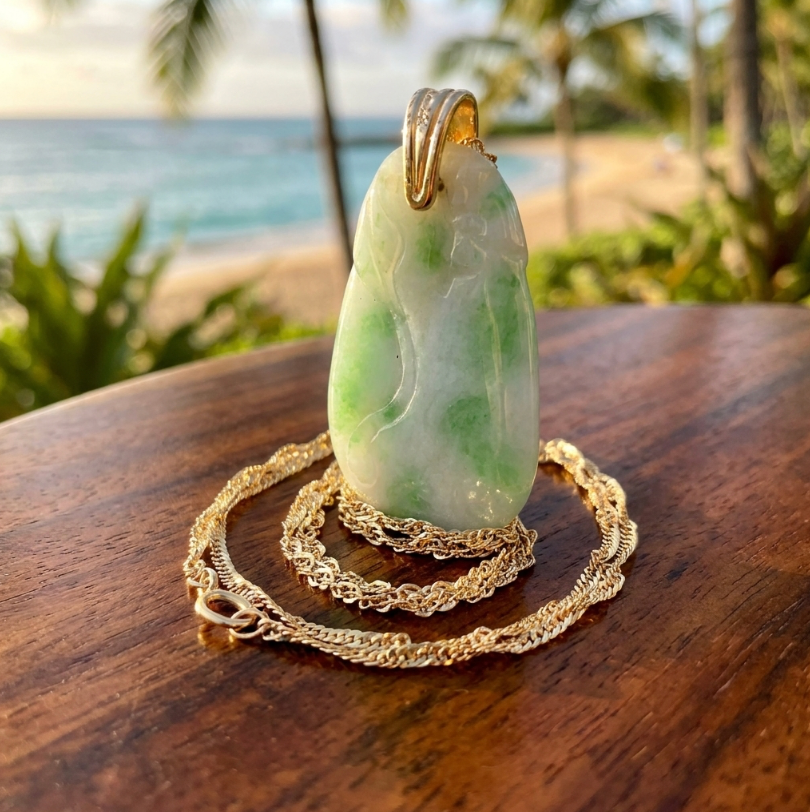Vintage Carved Jadeite Moss-In-Snow Pendant with 14K Chain