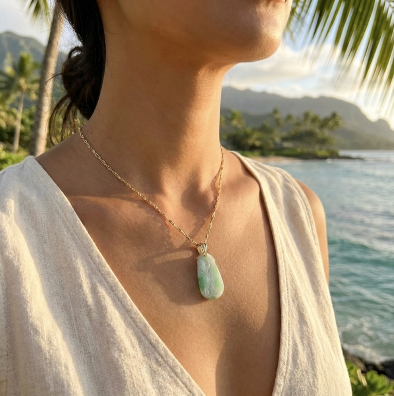 Vintage Carved Jadeite Moss-In-Snow Pendant with 14K Chain