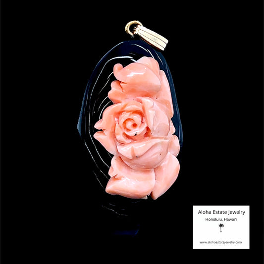Vintage Hand Carved Angel Skin Coral Rose on Black Coral