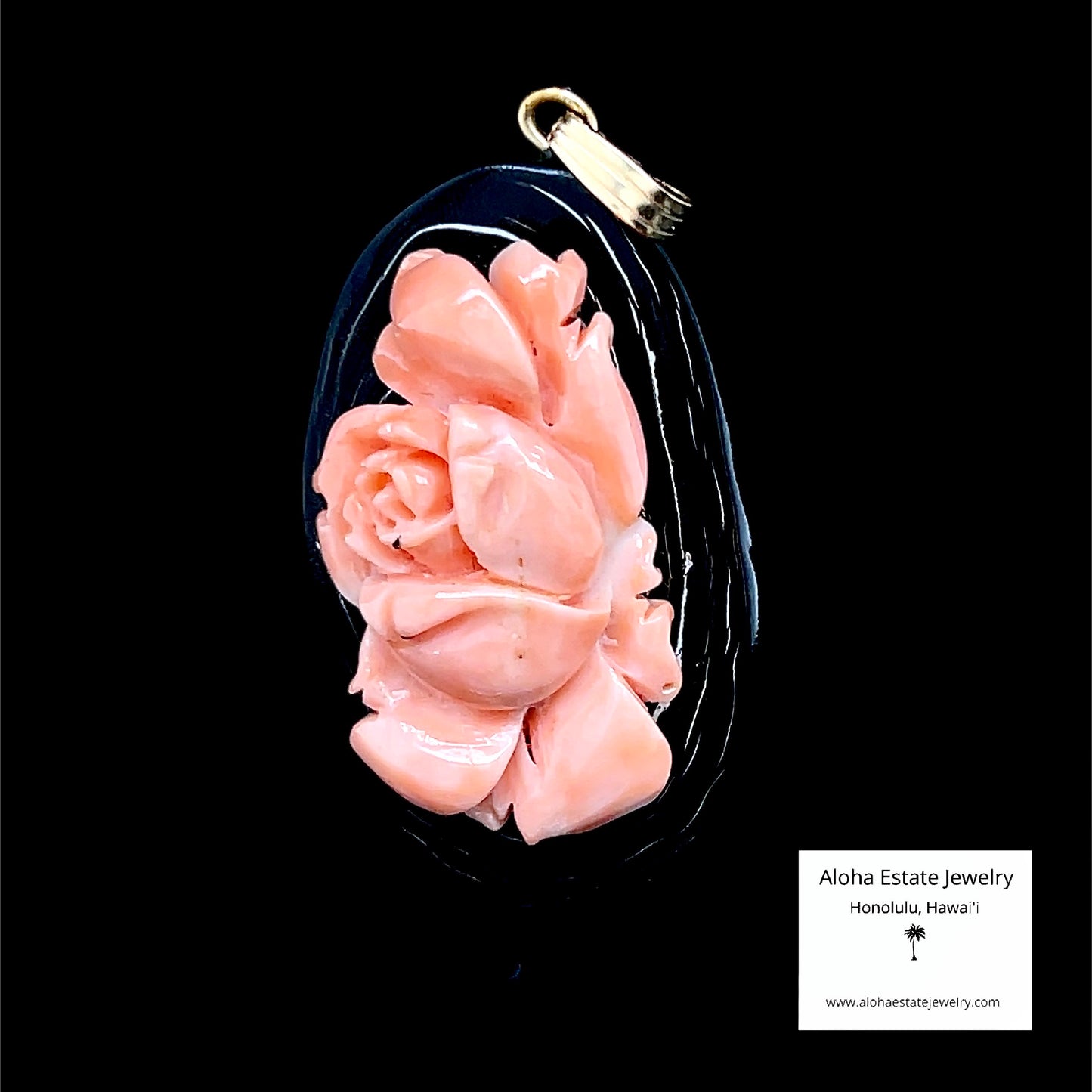 Vintage Hand Carved Angel Skin Coral Rose on Black Coral