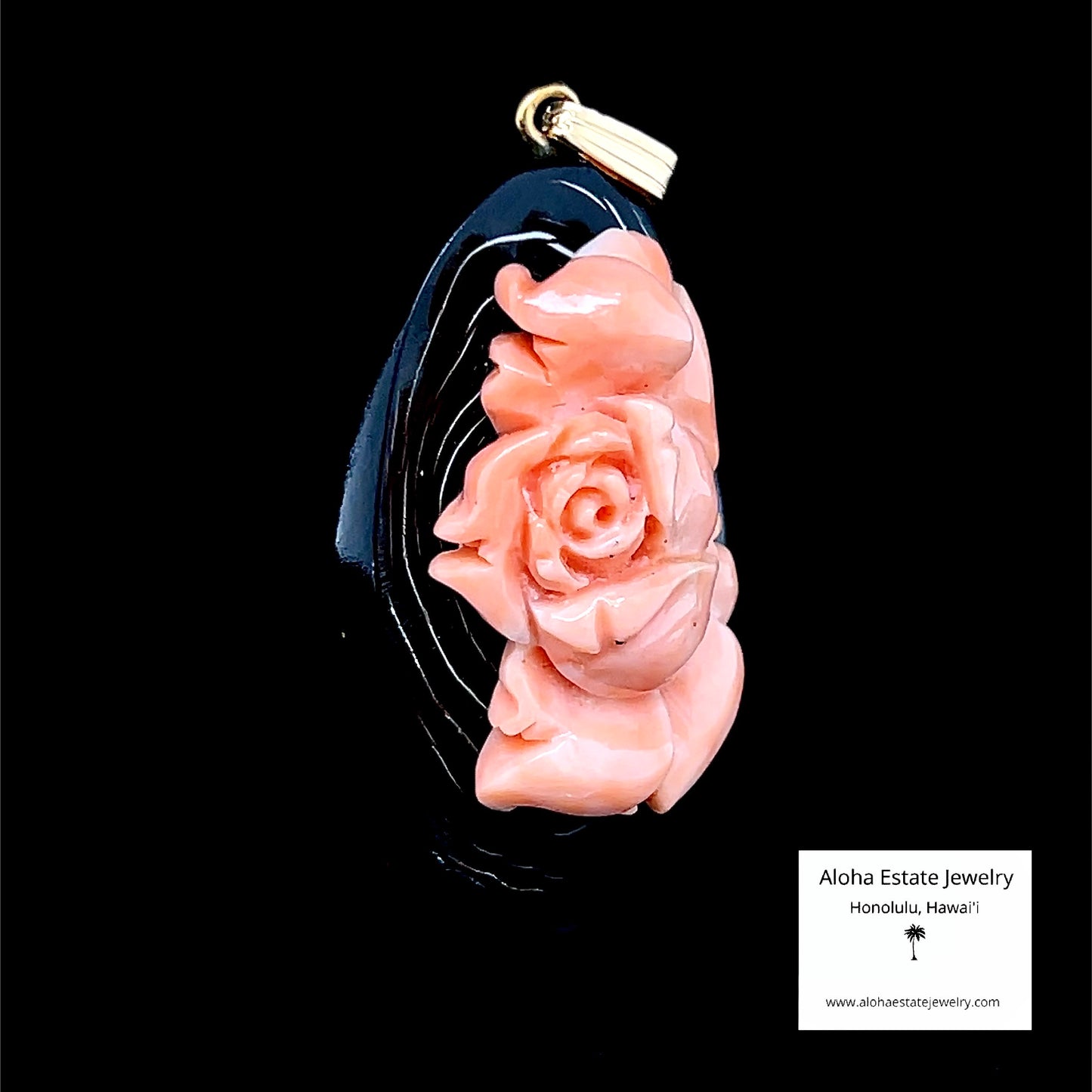 Vintage Hand Carved Angel Skin Coral Rose on Black Coral