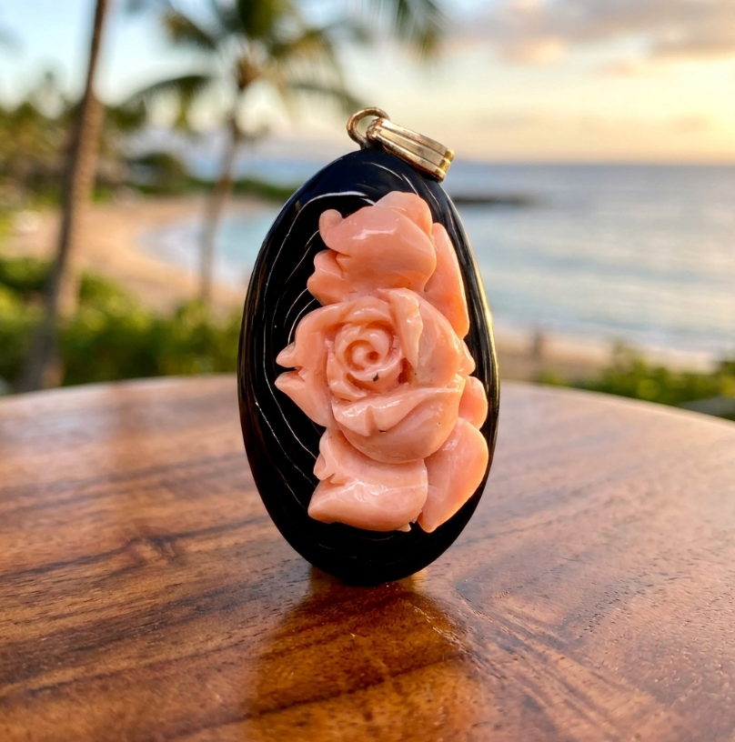 Vintage Hand Carved Angel Skin Coral Rose on Black Coral