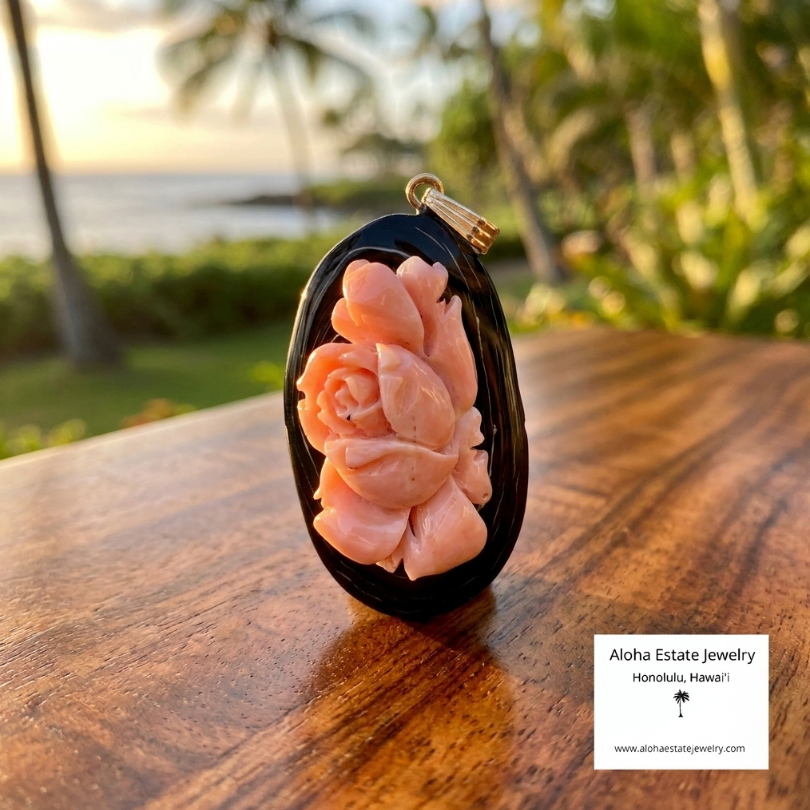 Vintage Hand Carved Angel Skin Coral Rose on Black Coral
