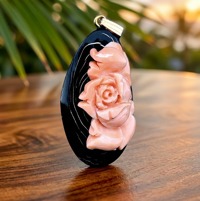 Vintage Hand Carved Angel Skin Coral Rose on Black Coral
