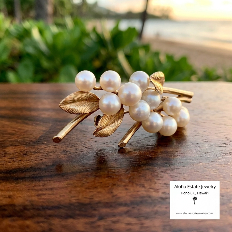 Vintage Ming's Pearl Brooch or Pin in 14K Yellow Gold