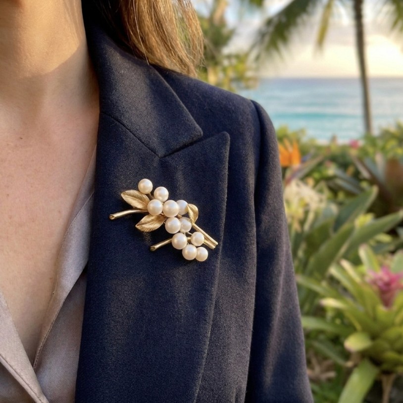 Vintage Ming's Pearl Brooch or Pin in 14K Yellow Gold